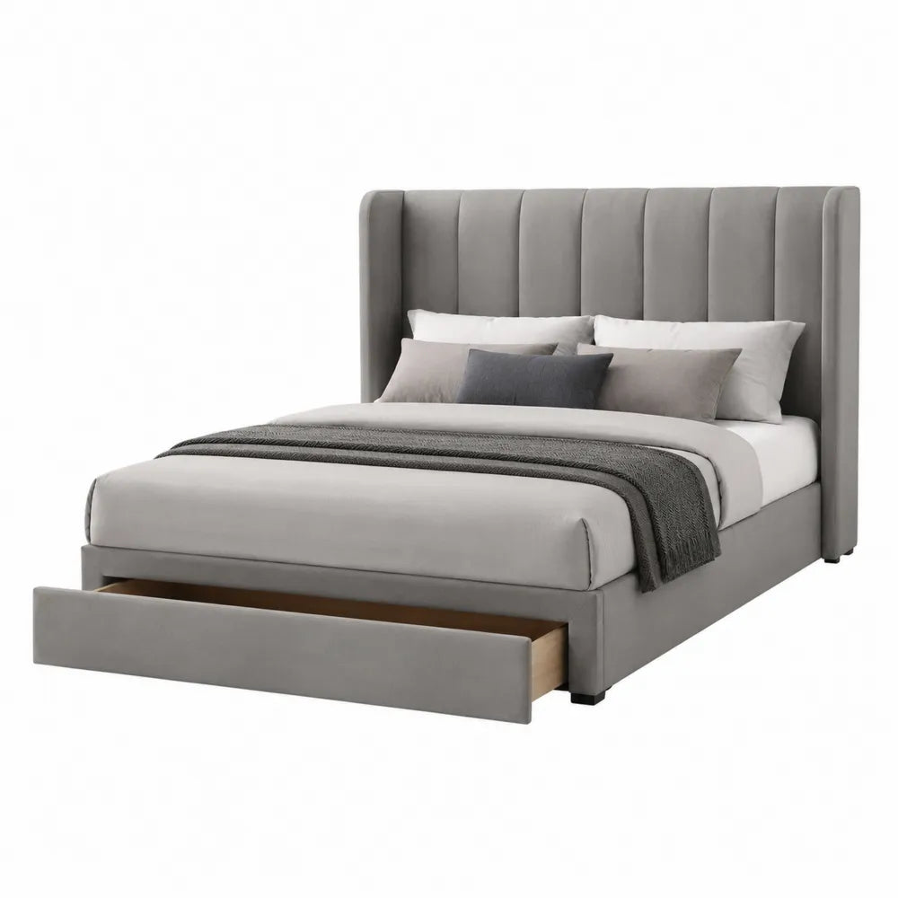 Letto matrimoniale 160x200 cm in tessuto poliestere grigio chiaro con struttura in MDF e acciaio con cassetto contenitore integrato