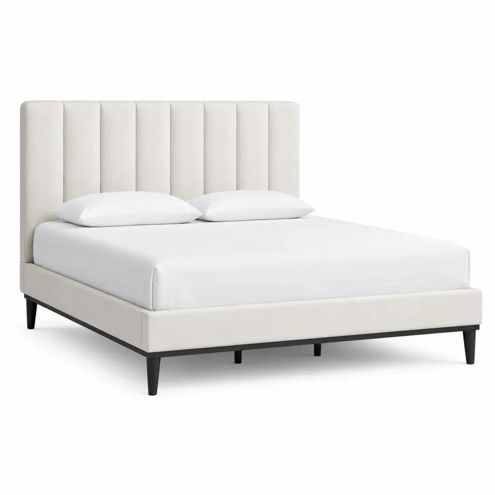 Letto matrimoniale struttura in MDF e legno di pioppo rivestimento PU testiera imbottita beige 160x200 cm rettangolare