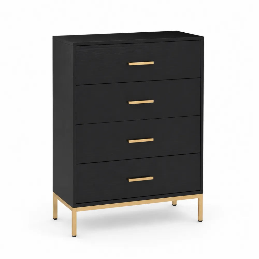 Cassettiera 4 cassetti MDF nero gambe metallo dorato maniglie oro 80 x 40 x 100 cm