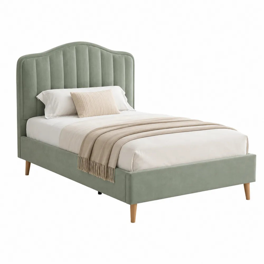Letto matrimoniale imbottito in velluto poliestere testiera curva verde salvia e beige chiaro 160 x 200 cm struttura MDF gambe in legno massello di faggio