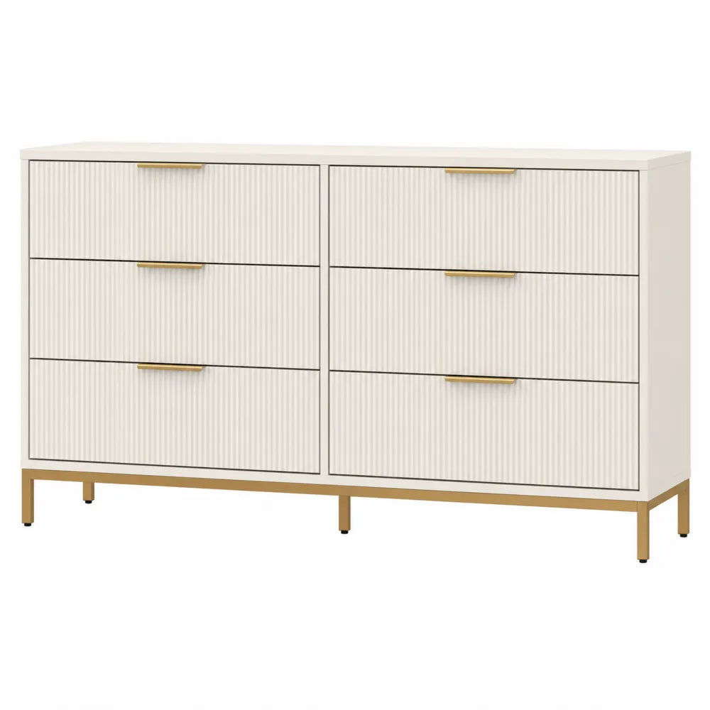 Cassettiera 6 cassetti 120 cm x 40 cm x 80 cm MDF rivestimento melaminico bianco crema frontali rigati maniglie metallo oro gambe metallo dorato struttura rettangolare