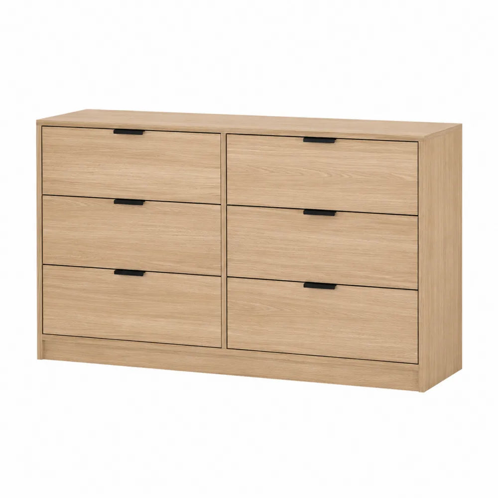 cassettiera da camera da letto con 6 cassetti in MDF effetto rovere chiaro struttura rettangolare colore beige e legno 120 cm x 40 cm x 75 cm