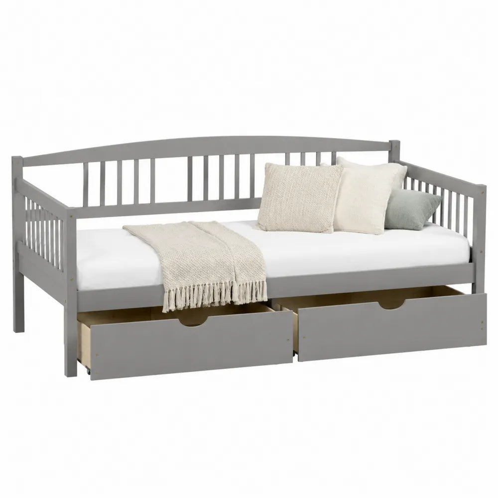 Letto singolo con cassetti struttura in MDF grigio rete a doghe in legno e sponda laterale 206x98x75 cm rettangolare
