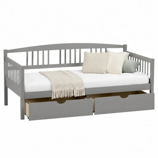 Letto singolo con cassetti struttura in MDF grigio rete a doghe in legno e sponda laterale 206x98x75 cm rettangolare