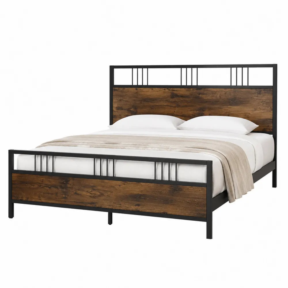 Letto matrimoniale struttura in acciaio verniciato nero con testiera e pediera in legno ingegnerizzato effetto noce 160x200 cm rettangolare