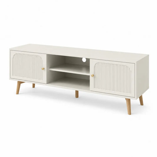 Mobile TV basso in MDF bianco crema con ante scanalate e gambe in legno naturale dettagli oro 160 cm x 40 cm x 50 cm