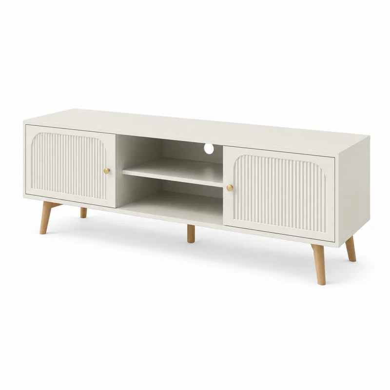 Mobile TV basso in MDF bianco crema con ante scanalate e gambe in legno naturale dettagli oro 160 cm x 40 cm x 50 cm