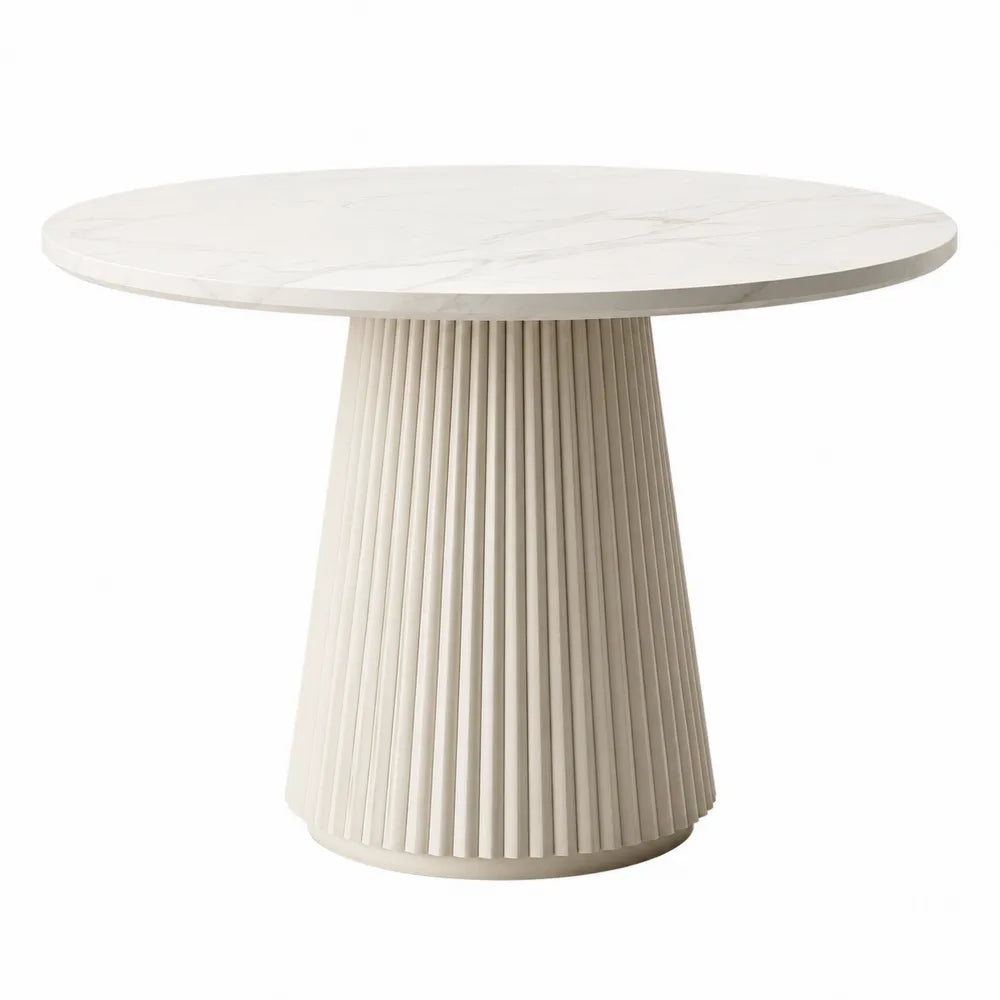 Tavolo da pranzo rotondo 120 cm piano effetto marmo bianco base cilindrica scanalata in MDF colore crema altezza 75 cm struttura centrale