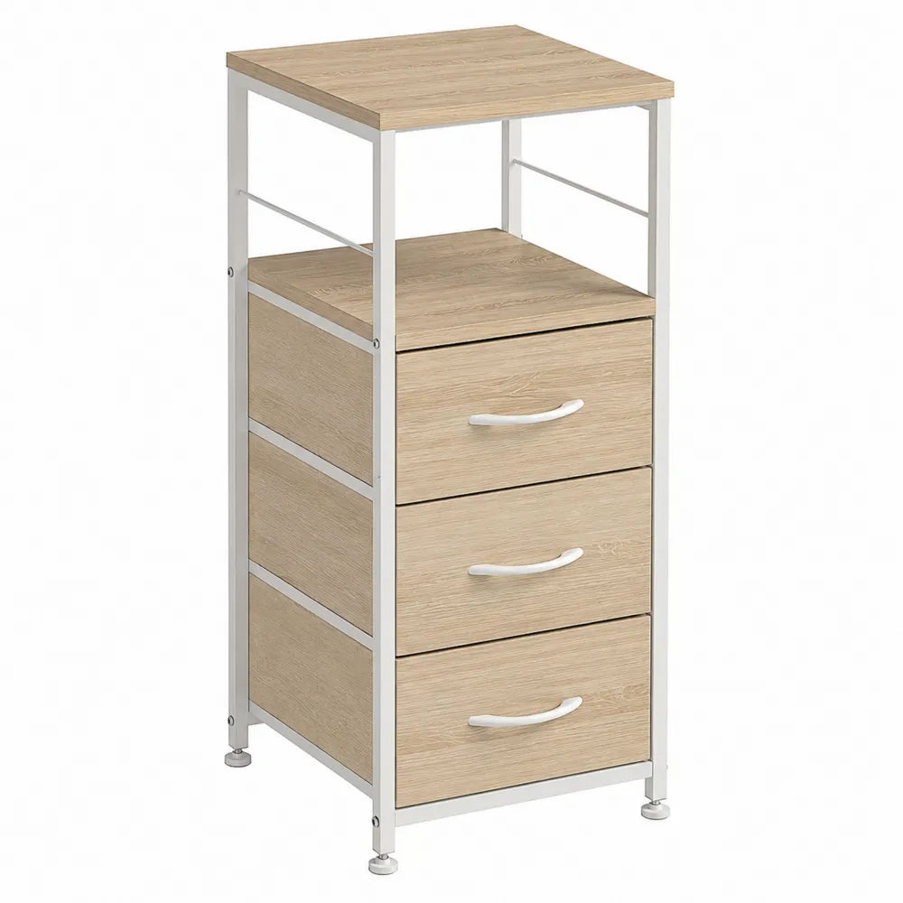 Cassettiera tre cassetti struttura in acciaio verniciato bianco e MDF effetto rovere chiaro 45 x 35 x 90 cm
