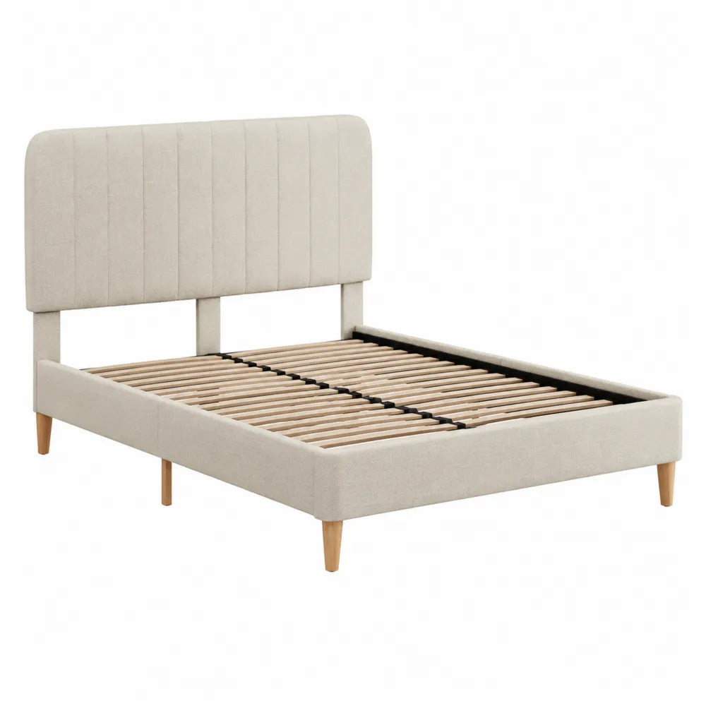Letto matrimoniale 160x200 cm in tessuto poliestere beige con rete a doghe in legno e struttura con piedini in legno