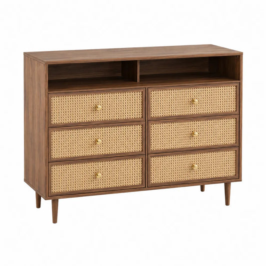 Cassettiera con 6 cassetti e vani aperti struttura in MDF impiallacciato noce scuro frontali in rattan sintetico gambe in legno massello 120x40x80 cm rettangolare