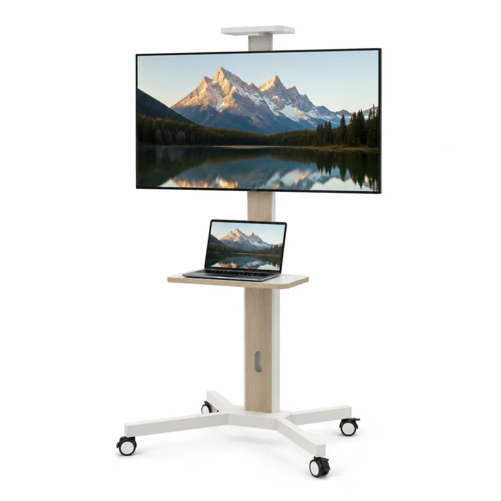 Supporto TV mobile con ruote ripiano laptop struttura in acciaio e MDF bianco effetto legno regolabile altezza 120-170 cm