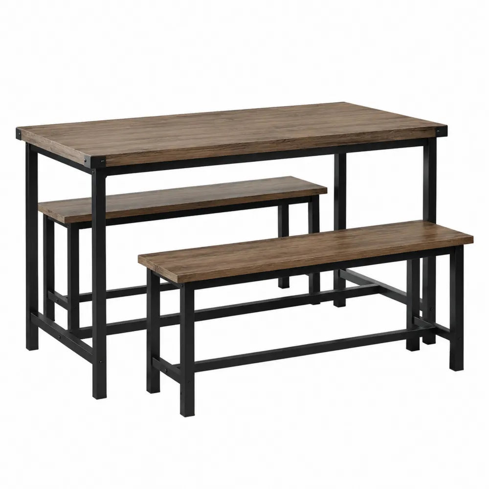 Set tavolo da pranzo con 2 panche struttura in acciaio nero piano MDF effetto legno scuro forma rettangolare dimensioni 120 cm x 60 cm x 75 cm panche 100 cm x 30 cm x 45 cm