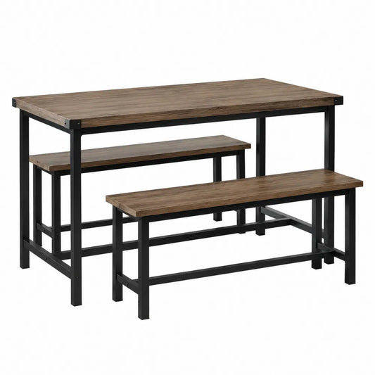 Set tavolo da pranzo con 2 panche struttura in acciaio nero piano MDF effetto legno scuro forma rettangolare dimensioni 120 cm x 60 cm x 75 cm panche 100 cm x 30 cm x 45 cm
