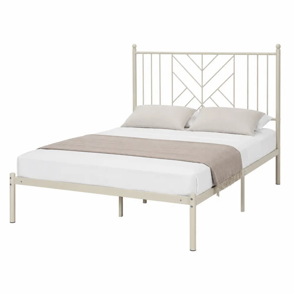 Letto matrimoniale in metallo beige 160x200 cm con rete a doghe e testiera in struttura geometrica senza contenitore