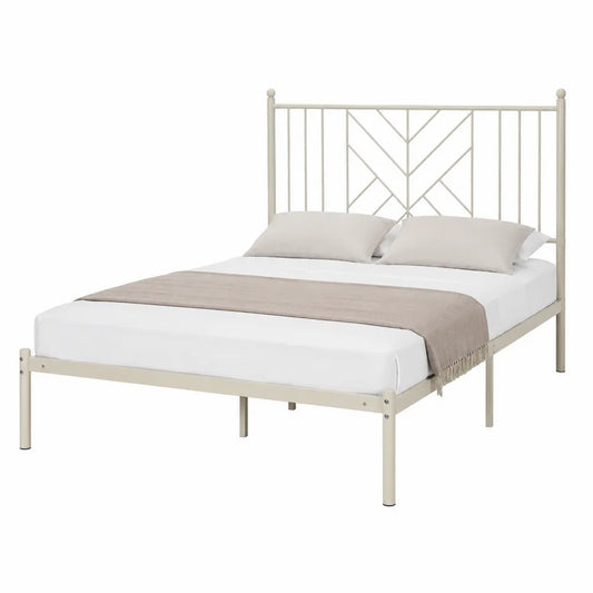 Letto matrimoniale in metallo beige 160x200 cm con rete a doghe e testiera in struttura geometrica senza contenitore