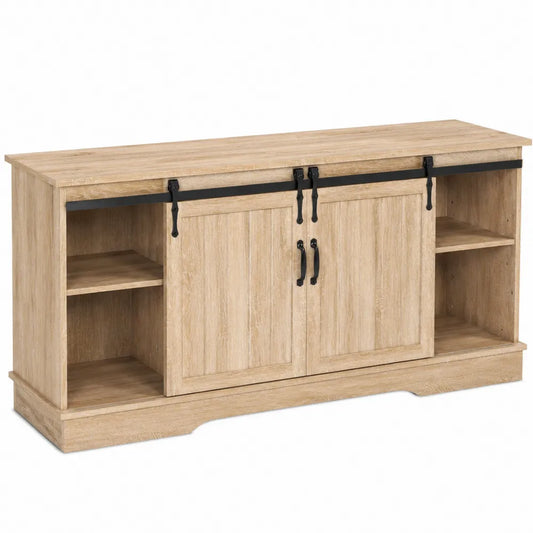 Mobile TV in legno MDF effetto rovere naturale con ante scorrevoli in metallo nero e ripiani 160 cm 40 cm 60 cm