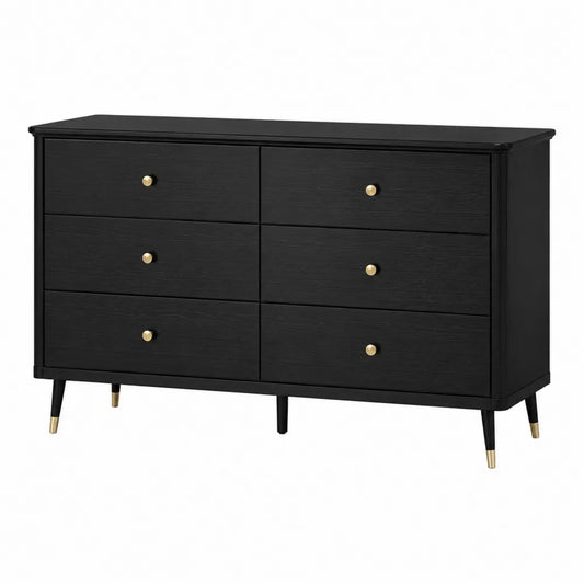 Cassettiera 6 cassetti 140x40x80 cm in MDF nero con gambe e maniglie in metallo dorato stile moderno