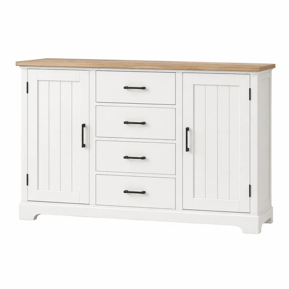 Credenza quattro cassetti e due ante MDF bianco piano effetto legno naturale struttura 140 x 40 x 80 cm maniglie nere
