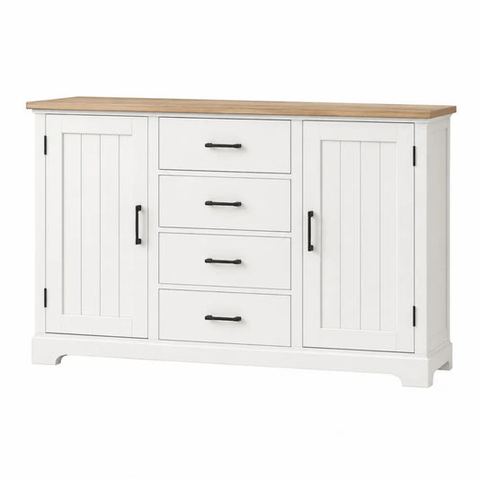 Credenza quattro cassetti e due ante MDF bianco piano effetto legno naturale struttura 140 x 40 x 80 cm maniglie nere