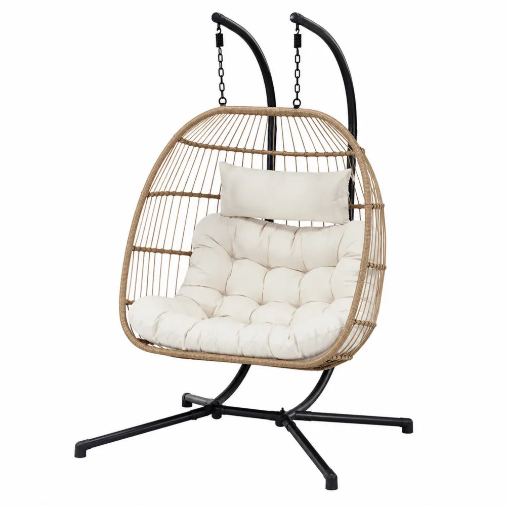 Sedia sospesa da esterno con supporto in acciaio e rattan PE intrecciato colore crema 105 cm 100 cm 195 cm
