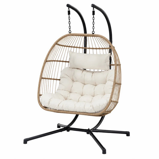 Sedia sospesa da esterno con supporto in acciaio e rattan PE intrecciato colore crema 105 cm 100 cm 195 cm