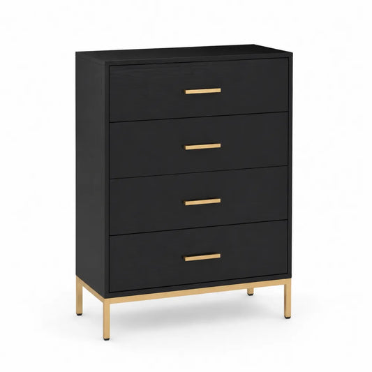 Cassettiera 4 cassetti MDF nero gambe metallo dorato maniglie oro 80 x 40 x 100 cm