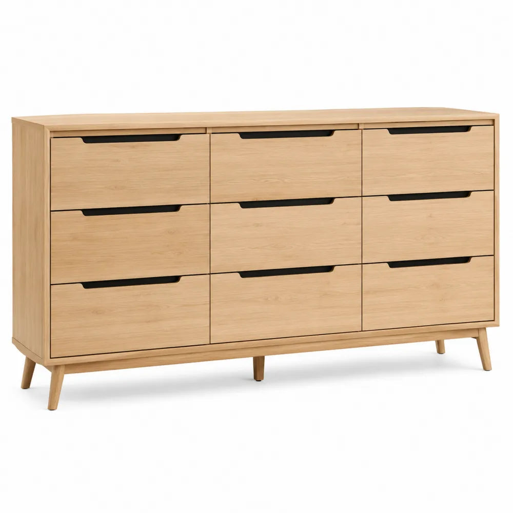 Cassettiera orizzontale 9 cassetti MDF impiallacciato rovere naturale struttura rettangolare gambe in legno massello 140 x 40 x 75 cm