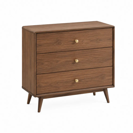 Cassettiera 3 cassetti struttura in MDF impiallacciato noce gambe in legno massello maniglie in metallo dorato 80x40x75 cm rettangolare