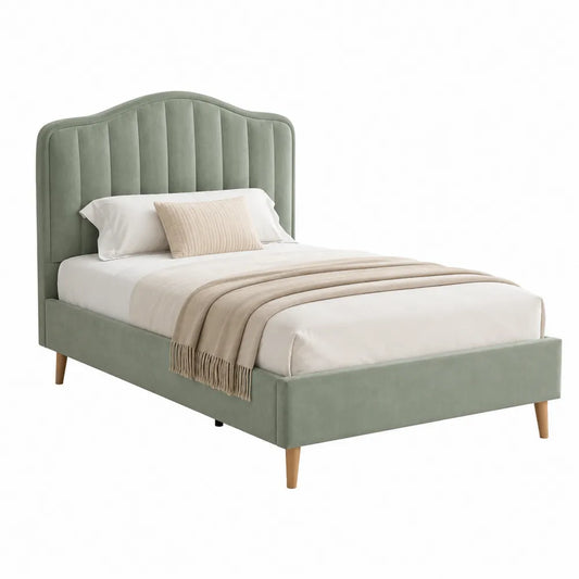 Letto matrimoniale imbottito in velluto poliestere testiera curva verde salvia e beige chiaro 160 x 200 cm struttura MDF gambe in legno massello di faggio
