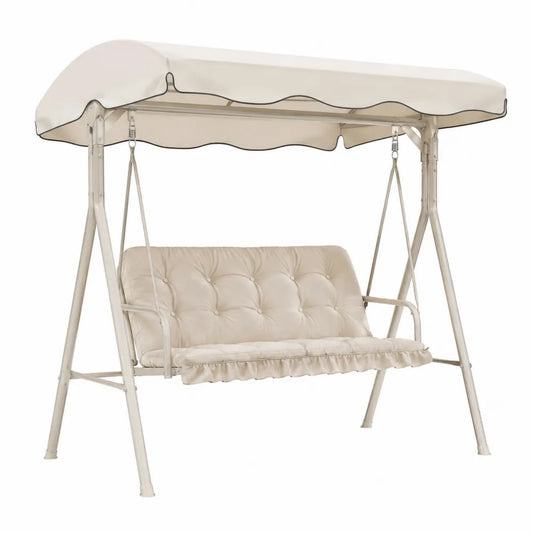 Altalena da giardino a tre posti con tettuccio parasole in acciaio verniciato e cuscini in poliestere beige 200 cm x 120 cm x 180 cm