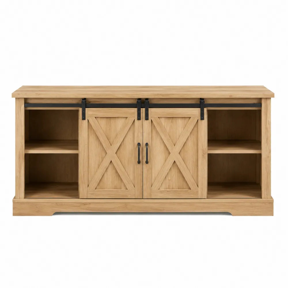 Mobile TV con ante scorrevoli in legno effetto rovere e struttura in metallo nero 180 x 40 x 60 cm con vani laterali aperti e ripiani interni