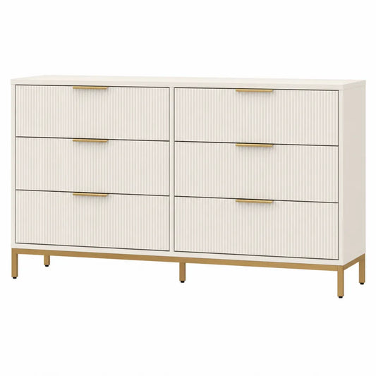 Cassettiera 6 cassetti 120 cm x 40 cm x 80 cm MDF rivestimento melaminico bianco crema frontali rigati maniglie metallo oro gambe metallo dorato struttura rettangolare