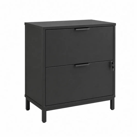 Mobile archivio in metallo 80 x 40 x 75 cm in acciaio verniciato nero con due cassetti e serratura a chiave