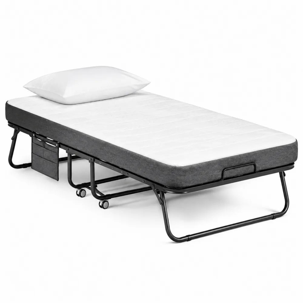 Letto pieghevole singolo 190 x 80 cm con materasso in schiuma struttura in acciaio nero con ruote e cuscino incluso