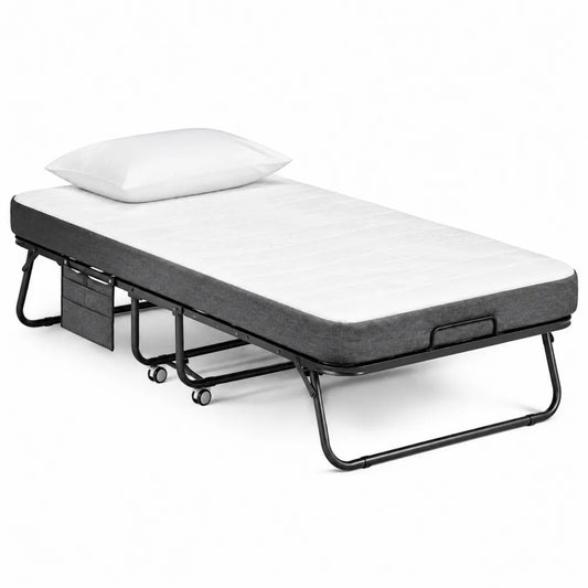 Letto pieghevole singolo 190 x 80 cm con materasso in schiuma struttura in acciaio nero con ruote e cuscino incluso