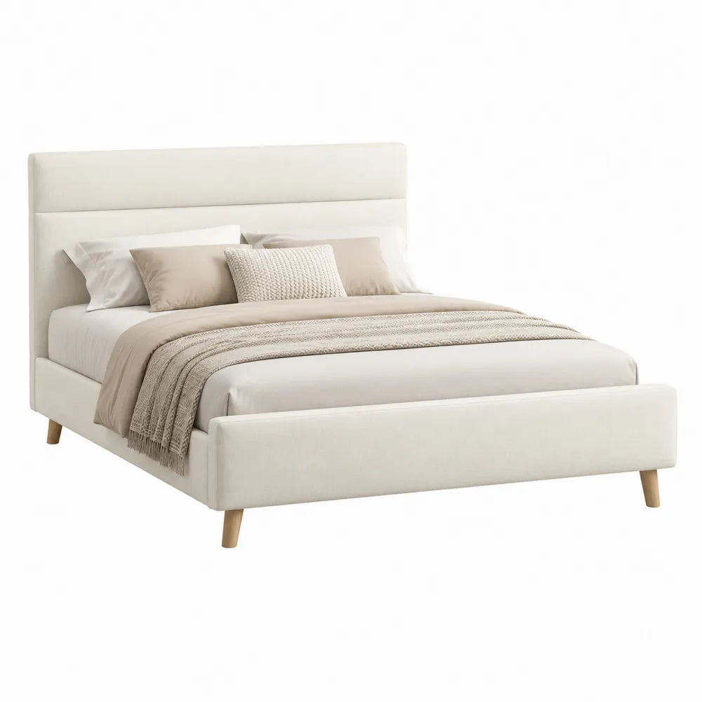 Letto matrimoniale imbottito struttura in MDF e legno di pioppo rivestimento tessuto poliestere testiera curva colore crema 160x200 cm rettangolare