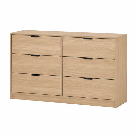 cassettiera da camera da letto con 6 cassetti in MDF effetto rovere chiaro struttura rettangolare colore beige e legno 120 cm x 40 cm x 75 cm