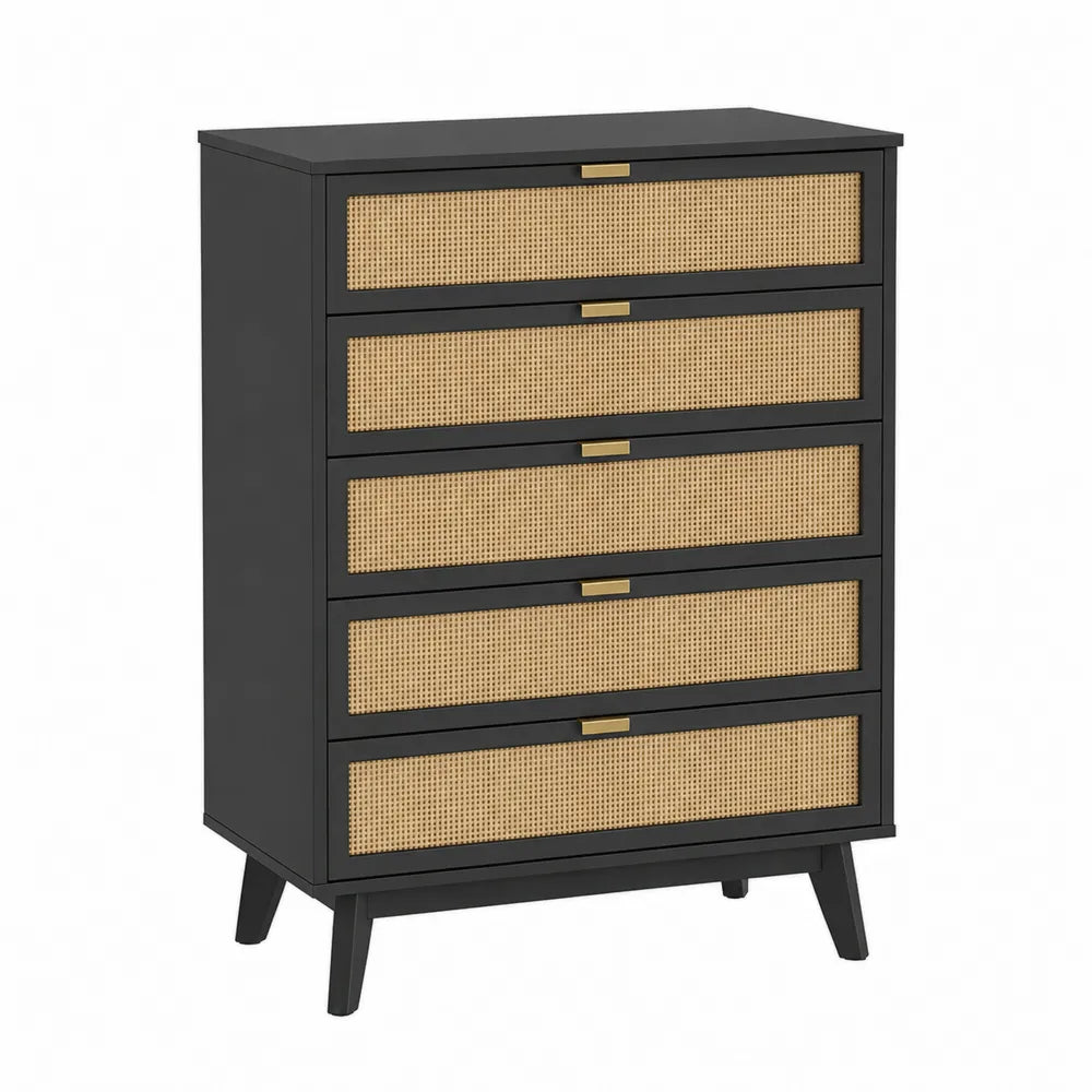 Cassettiera 5 cassetti MDF nero frontali in rattan sintetico gambe inclinate nero con terminali oro maniglie metallo oro